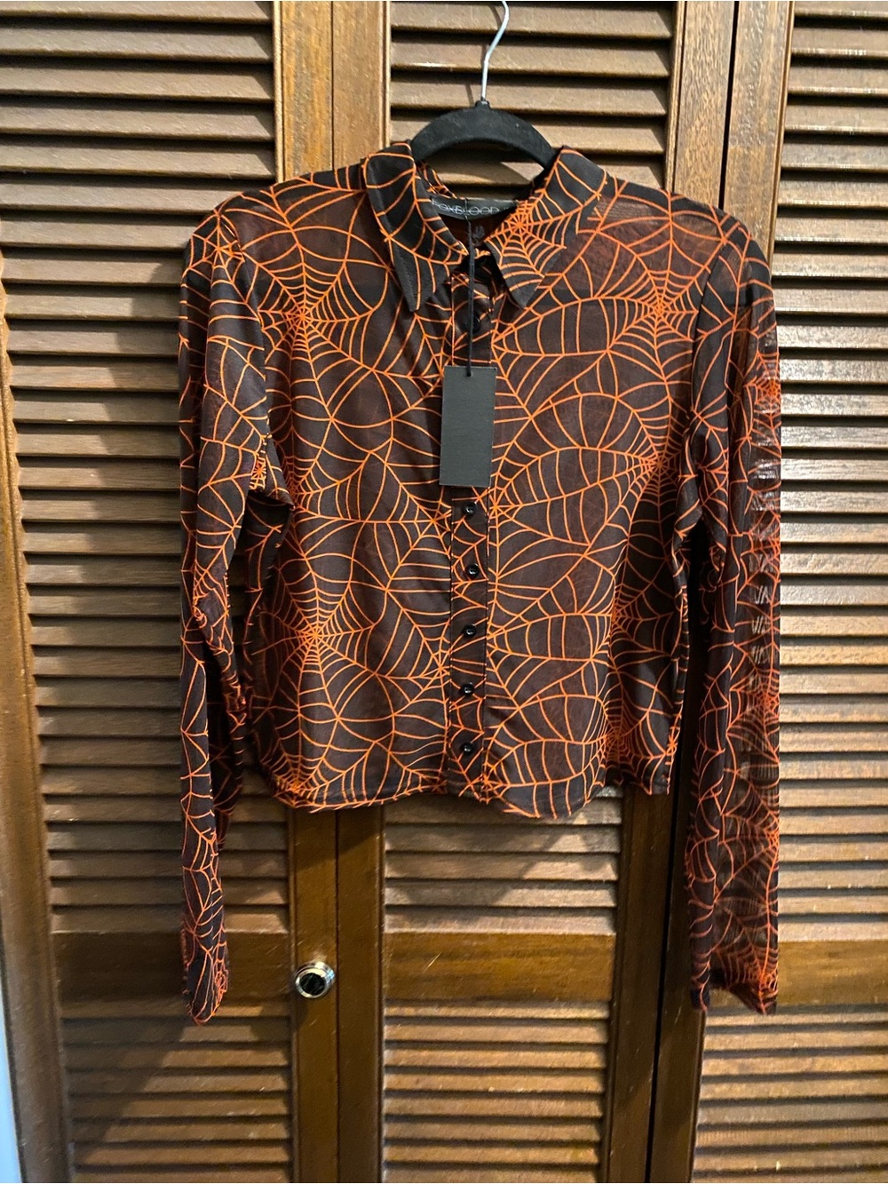 Foxblood Black & Orange Spiderweb Print Button-Down Mesh Shirt XL NWT